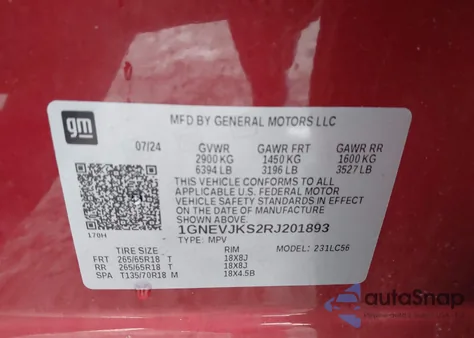 2024 Chevrolet Traverse Awd Z71 из США, поврежденный, VIN 1GNEVJKS2RJ201893